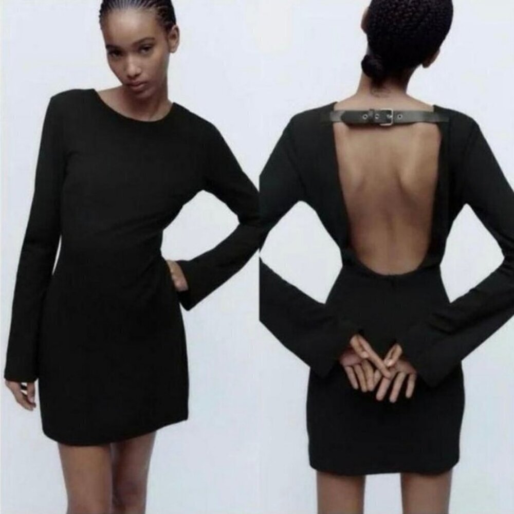 NWT Zara Black Long Sleeve Mini Dress Open Back Buckle Strap Size XS